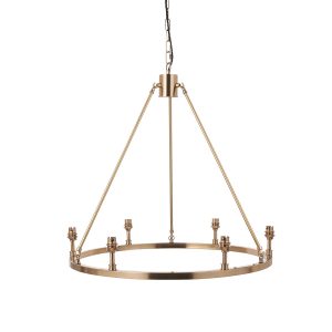 Aged brass 6 light hoop design chandelier fitting only, half height on white background.