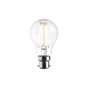 Dimmable 7W LED B22 GLS light bulb with 806 lumens in warm white (2700k), lit.