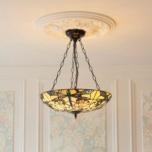 Ashton large Tiffany uplighter pendant with an Art Nouveau dragonfly design, shown in panelled room.