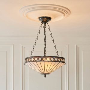 Fargo 3 light medium Art Deco style Tiffany uplighter pendant, shown fitted in panelled room.