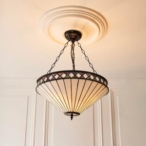 Fargo 3 light large Art Deco style Tiffany pendant uplighter, shown in panelled room.