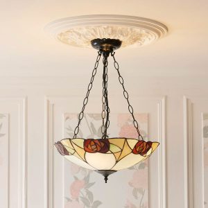 Ingram 3 light large inverted Art Nouveau Tiffany pendant light, shown in panelled room.