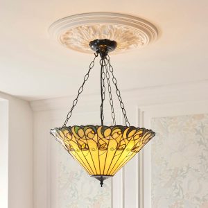 Jamelia 3 light inverted Tiffany pendant in Art Nouveau style, in panelled room.