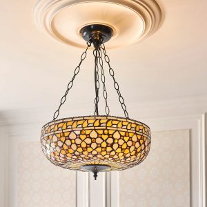 Mille Feux large inverted Tiffany ceiling pendant 3 light fitting, shown in panelled room.