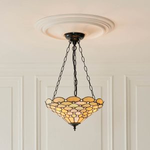 Pearl Tiffany 3 light inverted pendant with geometric style, on panelled room ceiling.