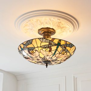 Ashton 3 lamp semi flush Tiffany ceiling light with an Art Nouveau dragonfly design, shown on living room ceiling.