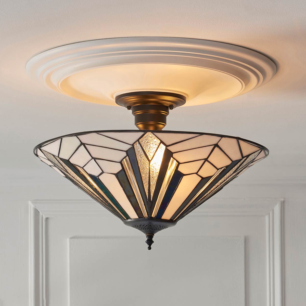 Astoria Tiffany 3 lamp semi flush light with Art Deco style, shown on room ceiling.