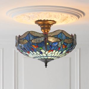 Blue Dragonfly semi flush Tiffany ceiling light, shown fitted on room ceiling.