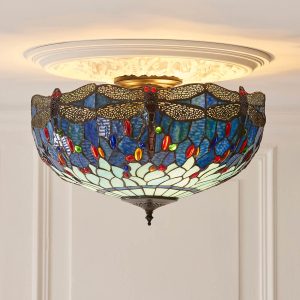 Blue Dragonfly large semi flush Tiffany ceiling 3 light, shown on room ceiling.