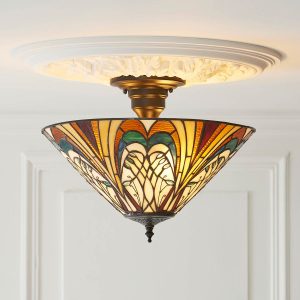 Hector Tiffany 3 light semi flush with Art Nouveau style, shown in panelled room.