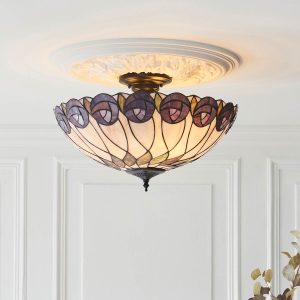 Hutchinson 3 light large semi flush Tiffany ceiling light with Mackintosh rose design, shown in panelled room.