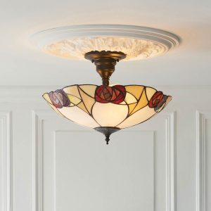 Ingram 3 light Art Nouveau semi flush Tiffany light with a Mackintosh rose design, shown in panelled room.