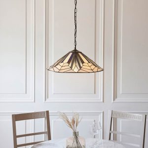 Astoria Tiffany 3 light pendant with Art Deco style, shown over a dining table.