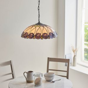 Hutchinson 3 light large Tiffany ceiling pendant with a Mackintosh rose design, shown over dining room table.