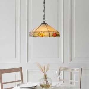 Nevada 3 light Art Deco Tiffany ceiling pendant, shown over a dining room table.