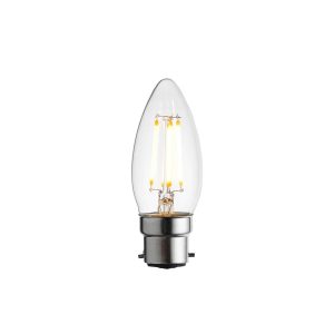 Dimmable 4W LED B22 candle bulb with 470 lumens and 2700k (warm white), lit.