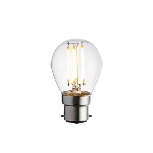 Dimmable 4W LED B22 golf ball bulb with 470 lumens and 2700k (warm white), lit.