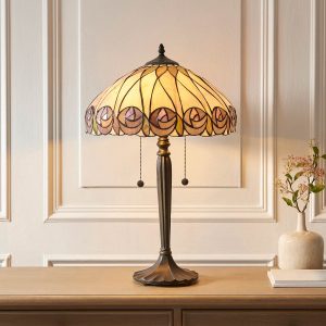 Hutchinson 2 light large Tiffany table lamp with Mackintosh rose design, shown on dining room side table.