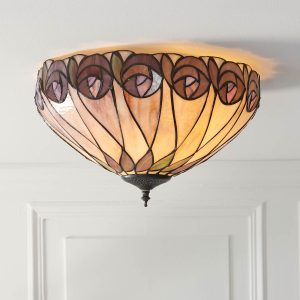 Hutchinson 2 light medium flush Tiffany ceiling light with a Mackintosh rose design, shown in panelled room.