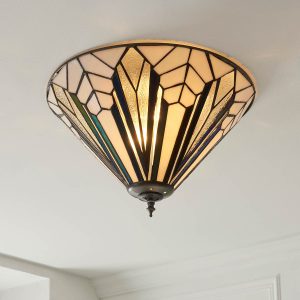 Astoria medium Tiffany 2 light flush ceiling light in Art Deco style, shown on room ceiling.