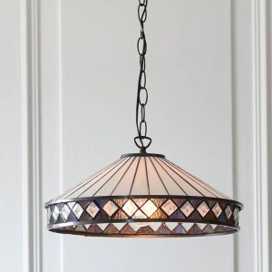 Fargo 1 light medium Art Deco style Tiffany pendant, shown in panelled room.