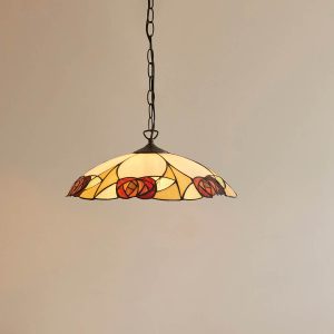 Ingram large Art Nouveau Tiffany ceiling pendant with a Mackintosh rose design, on beige background.