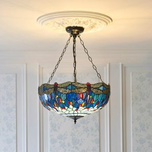 Blue Dragonfly large inverted Tiffany ceiling pendant, shown on room ceiling.