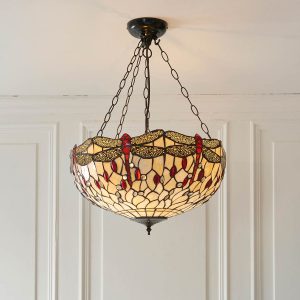 Beige Dragonfly large inverted 3 light Tiffany pendant, shown in panelled room.