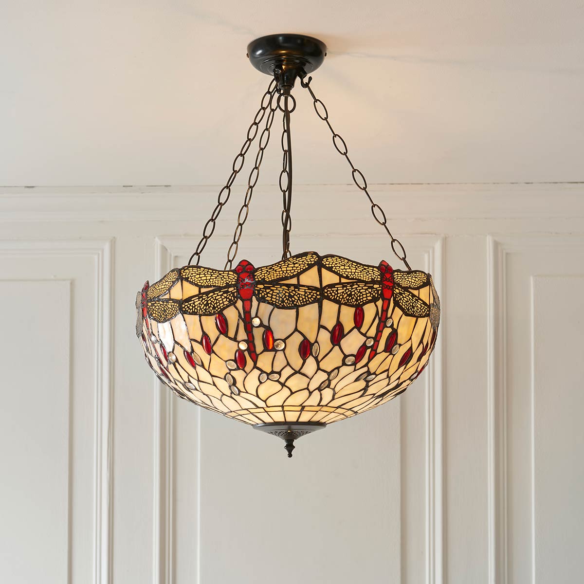 Beige Dragonfly Large Inverted 3 Light Tiffany Pendant