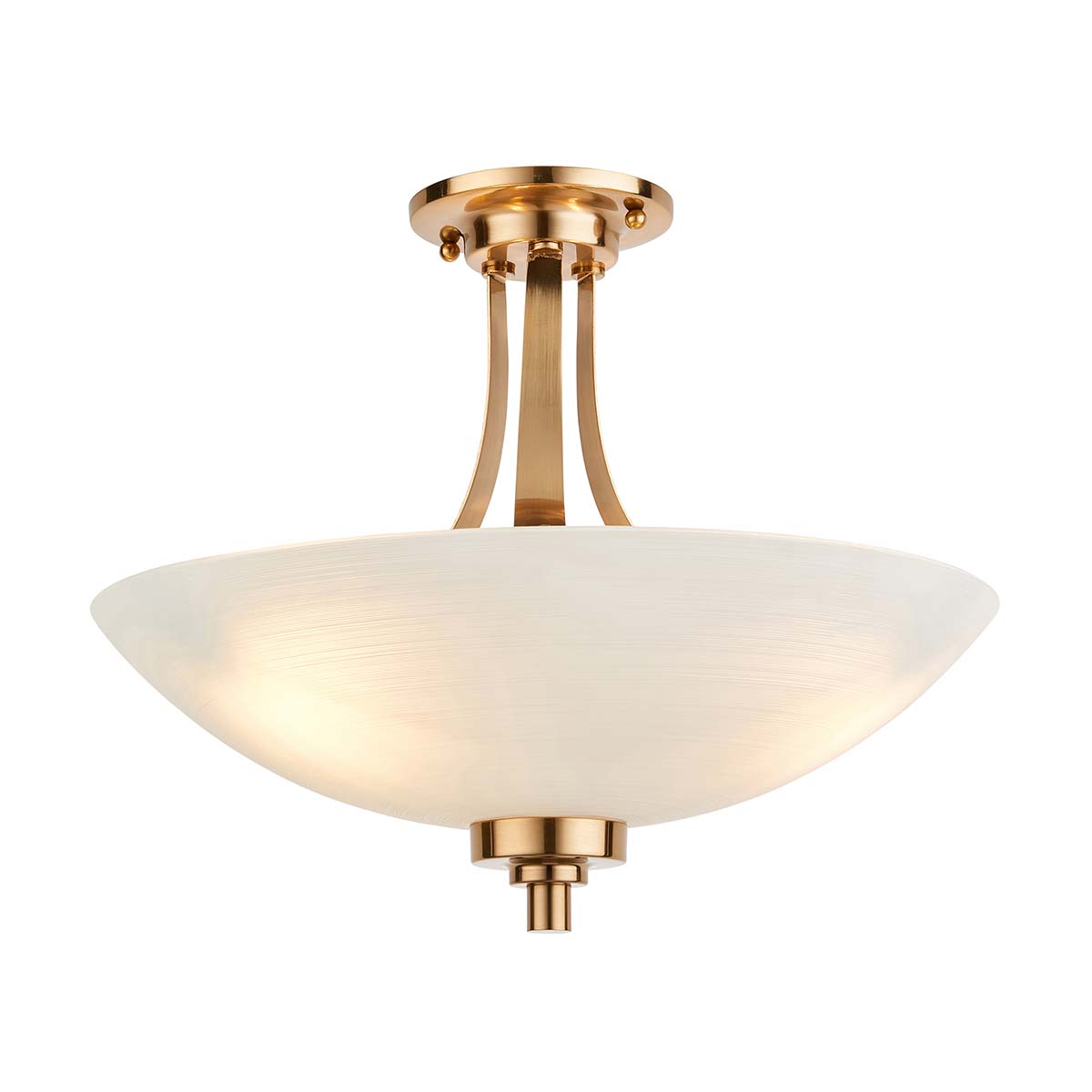 Welles 3 light semi flush ceiling light in brushed aged brass with white glass shade, on white background, lit.