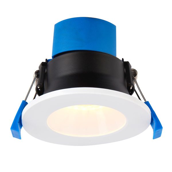 ShieldPRO anti glare 4cct LED fire rated shower light with 5/7W selectable output and rated IP65, on white background, lit.