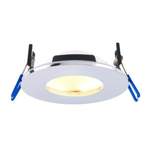 OrbitalPro 9w 4CCT bathroom shower downlight in polished chrome and rated IP65, on white background, lit.