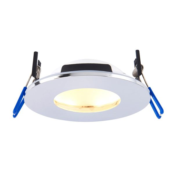 OrbitalPro 9w 4CCT bathroom shower downlight in polished chrome and rated IP65, on white background, lit.