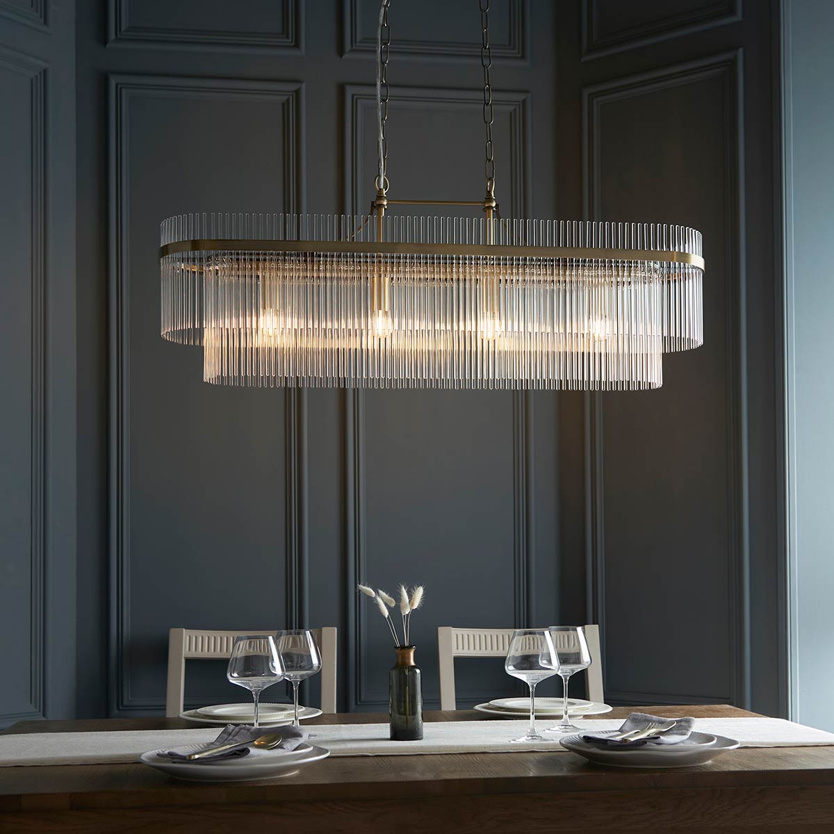 Marietta 4 Light Linear Pendant in Antique Brass with Glass Rods