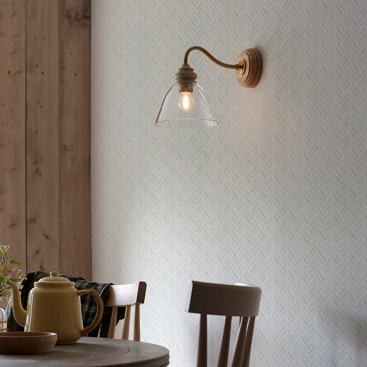 Cotswold Ash Wood Wall Light in Aged Brass with Clear Glass