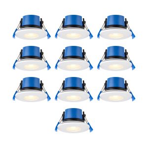 Shield dimmable 7w 4CCT LED fire rated IP65 shower light, ten pack on white background.