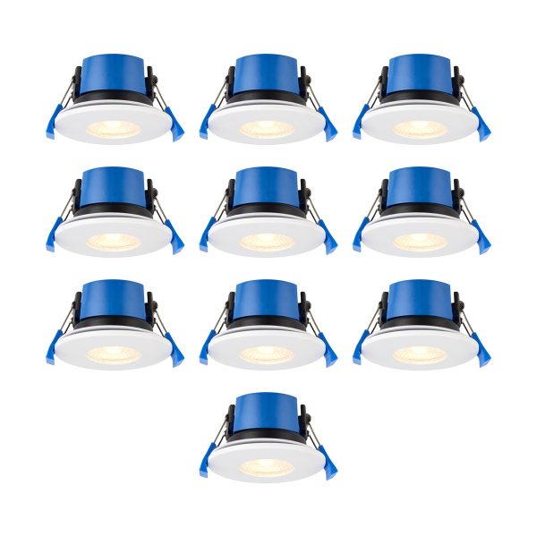 Shield dimmable 7w 4CCT LED fire rated IP65 shower light, ten pack on white background.