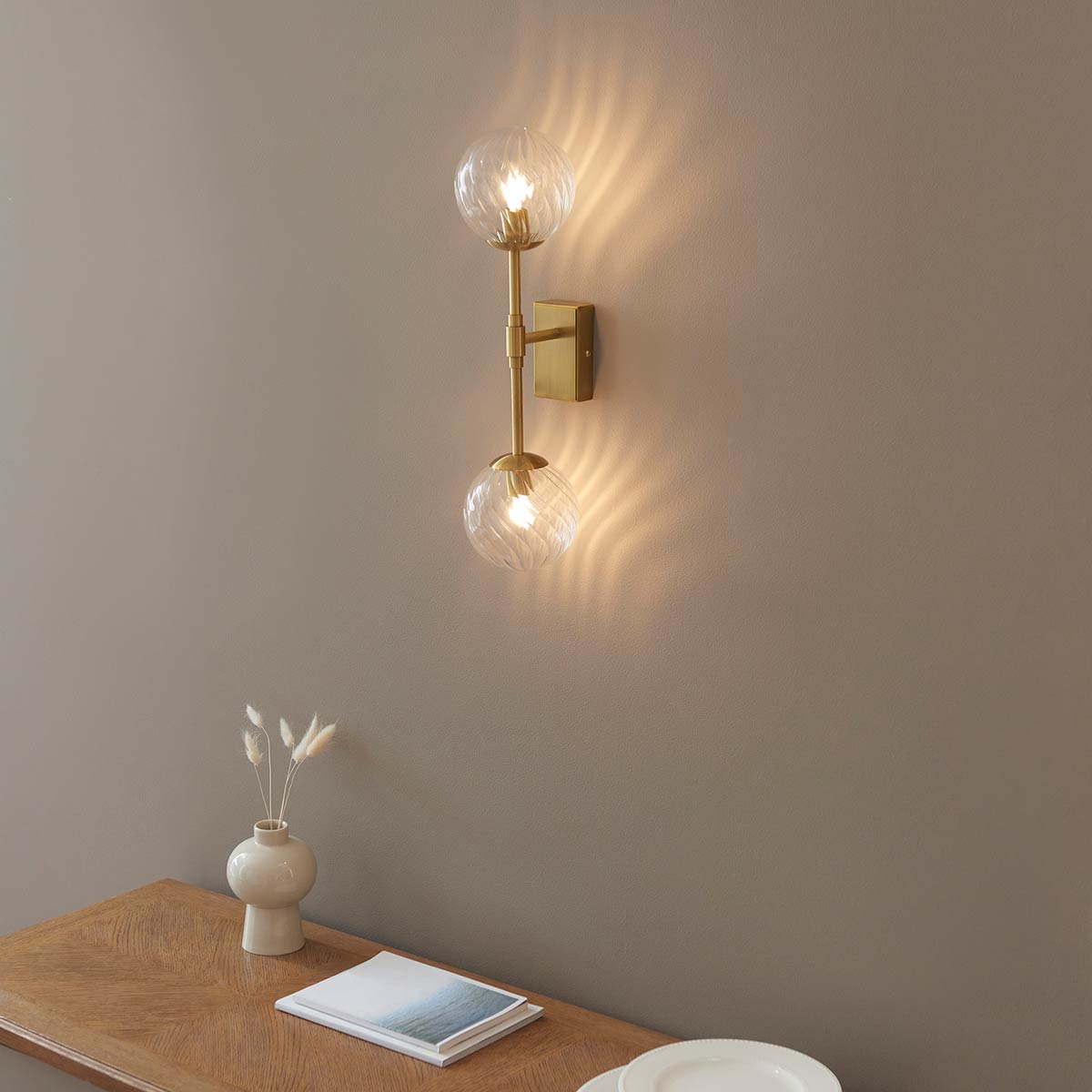 Aged Brass Double Wall Light with Twisted Glass Shades