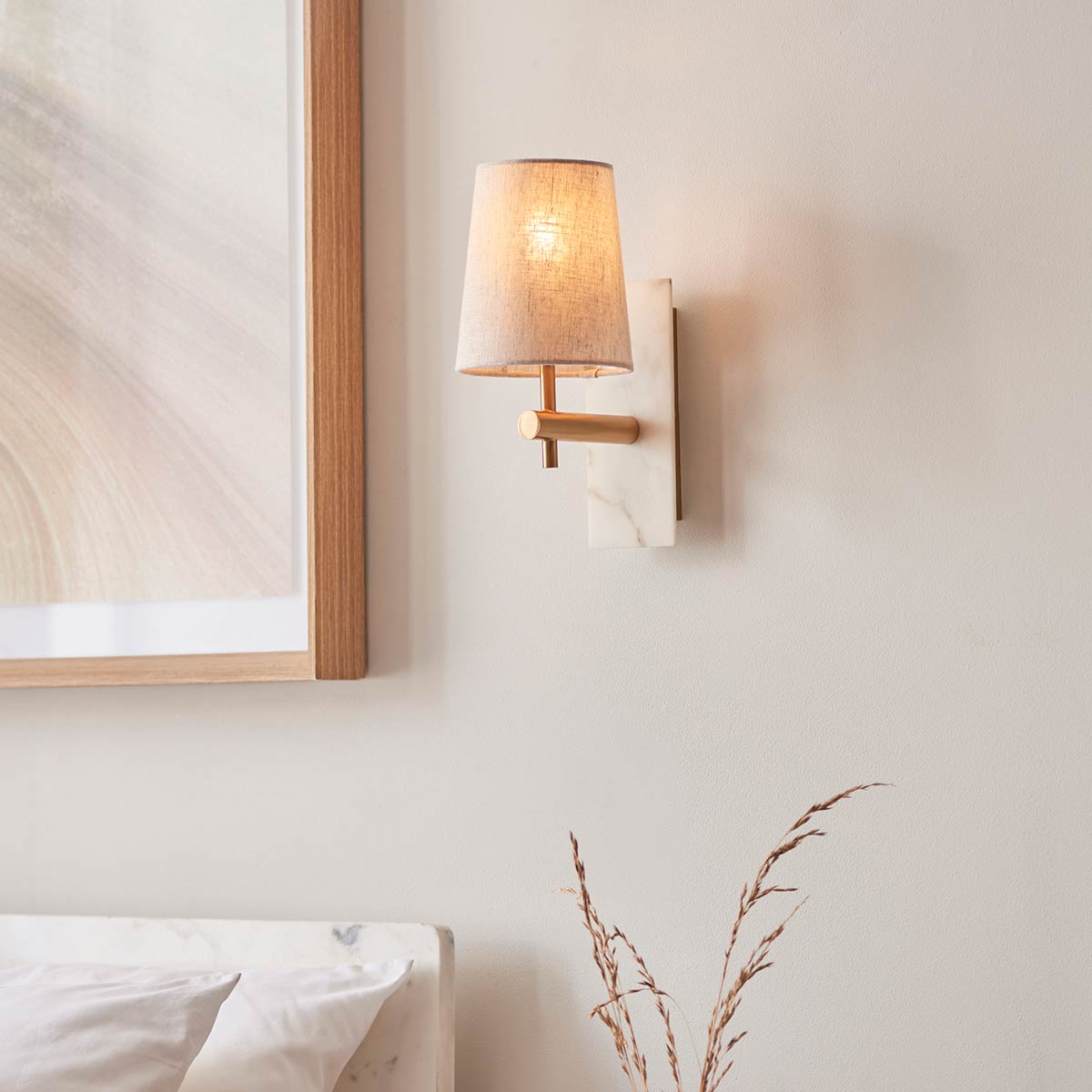 White Marble Wall Light in Vintage Brass with Tapered Shade