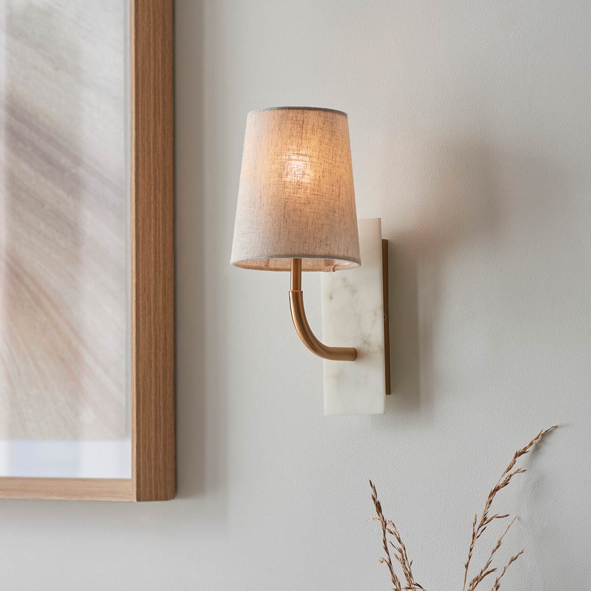 Curved Arm Wall Light With White Marble & Tapered Shade