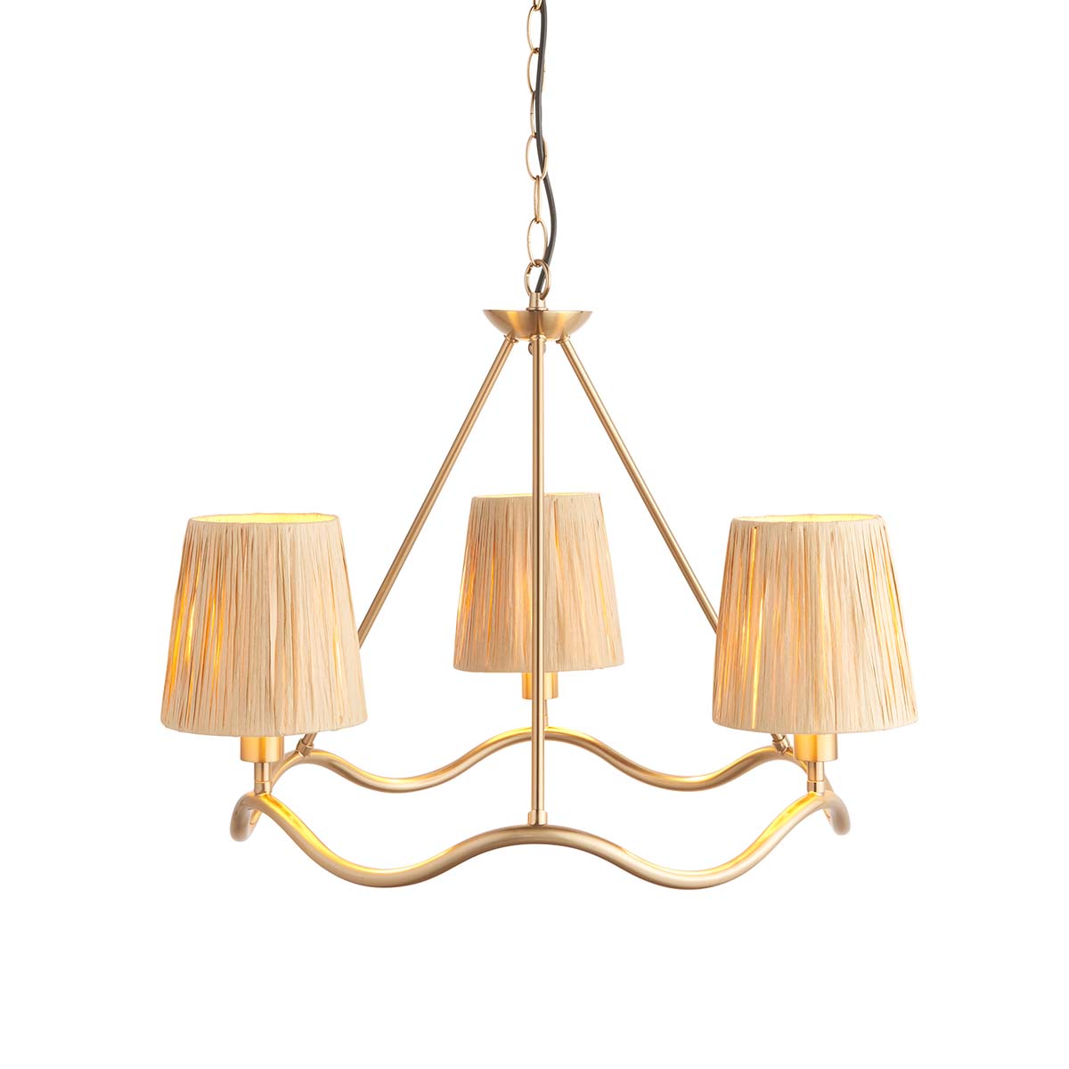 Wriggle 3 Light Chandelier in Aged Brass with Raffia Shades