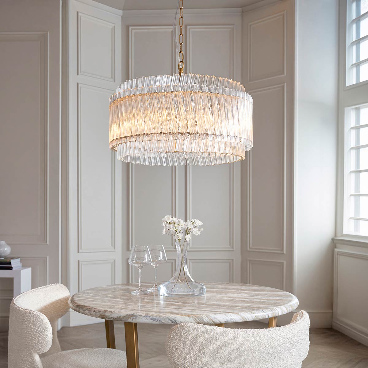 Exquisite 5 Light Pendant in Aged Brass with Glass Rods