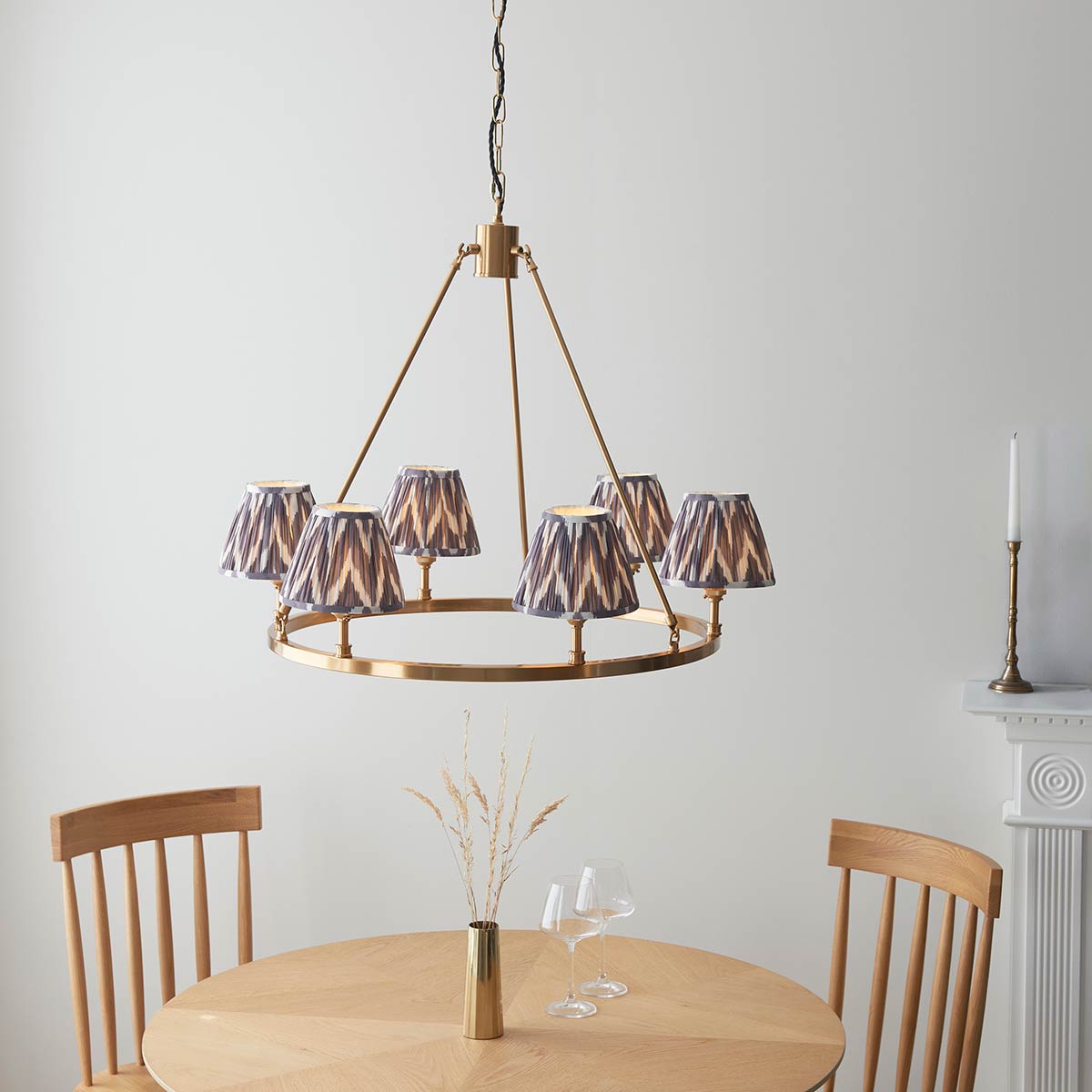Round Aged Brass 6 Light Chandelier with Grey Zigzag Shades