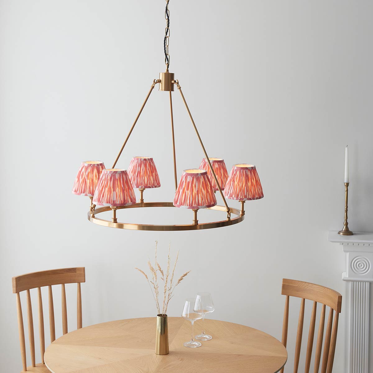 Round Aged Brass 6 Light Chandelier with Pink Ikat Shades