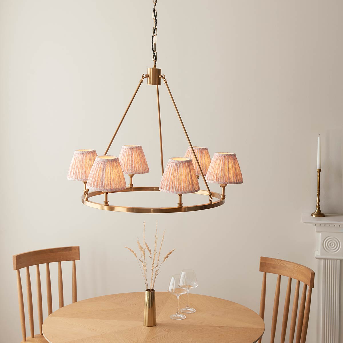 Round Aged Brass 6 Light Chandelier with Peach Leaf Shades