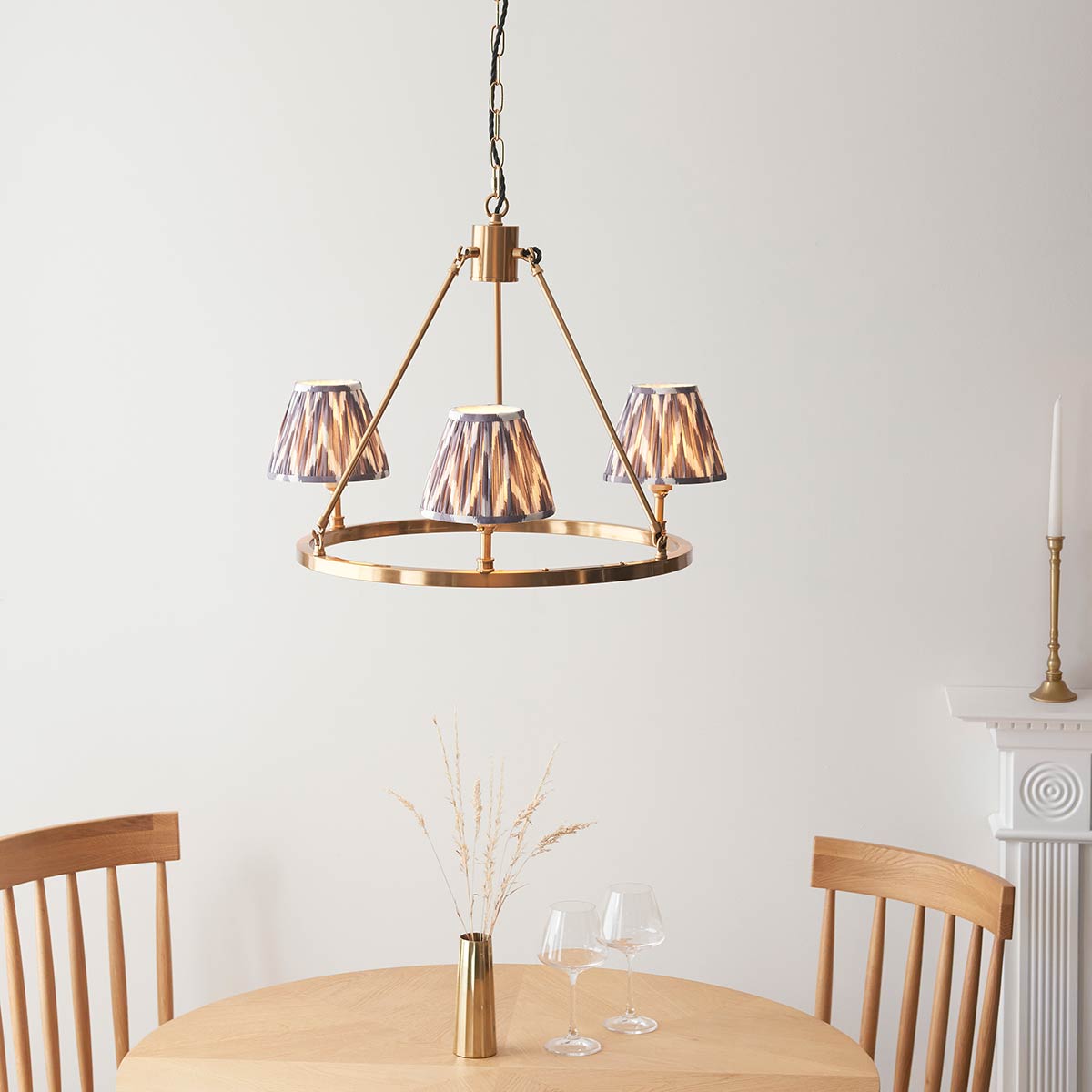 Round Aged Brass 3 Light Chandelier with Grey Zigzag Shades