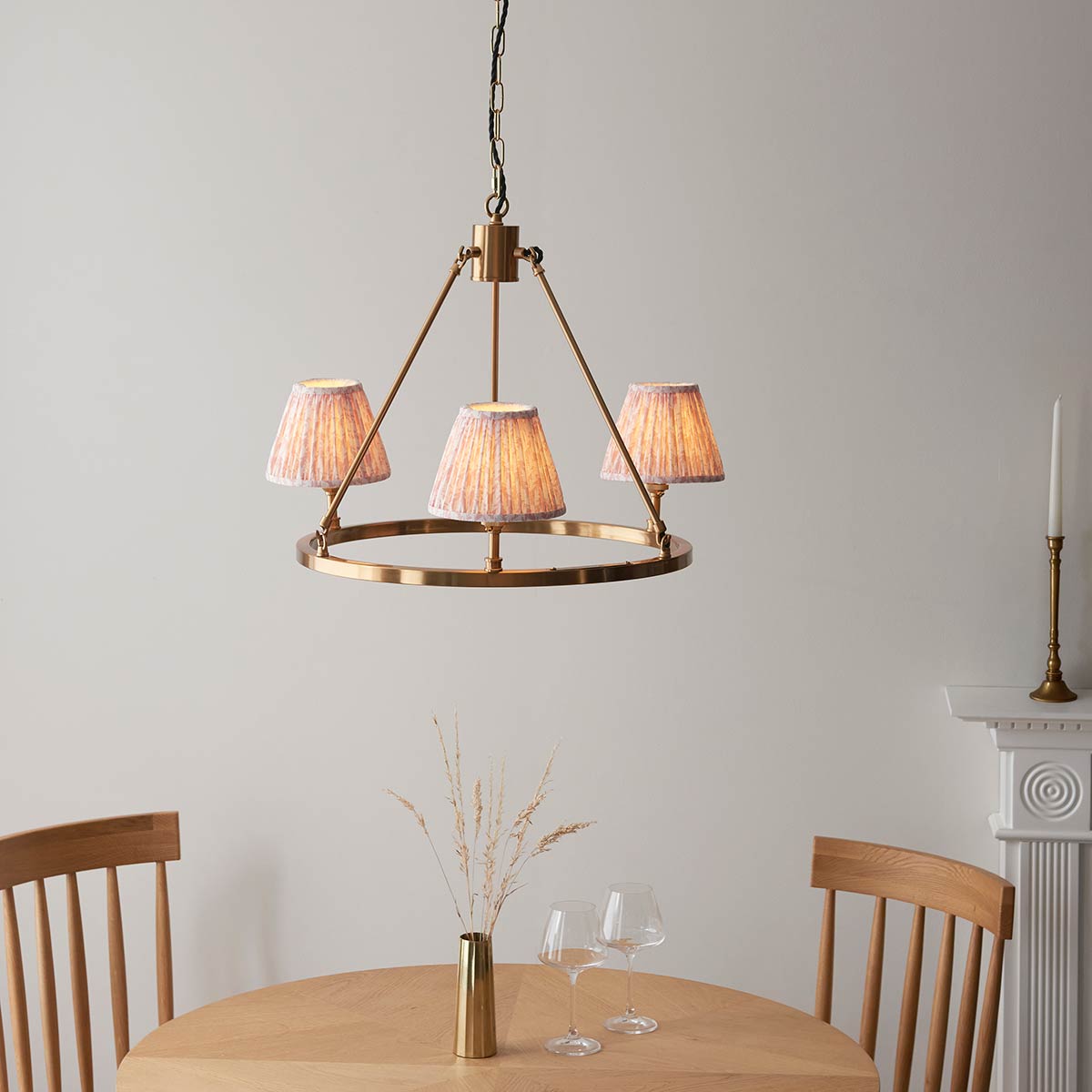 Round Aged Brass 3 Light Chandelier with Peach Leaf Shades