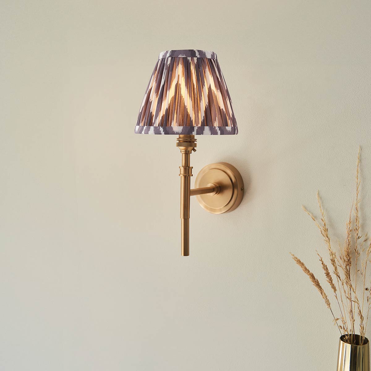 Single Aged Brass Wall Light with Grey Zigzag Shade