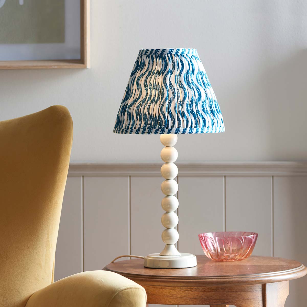 Higgledy Table Lamp in Almond White with Blue Ripple Shade