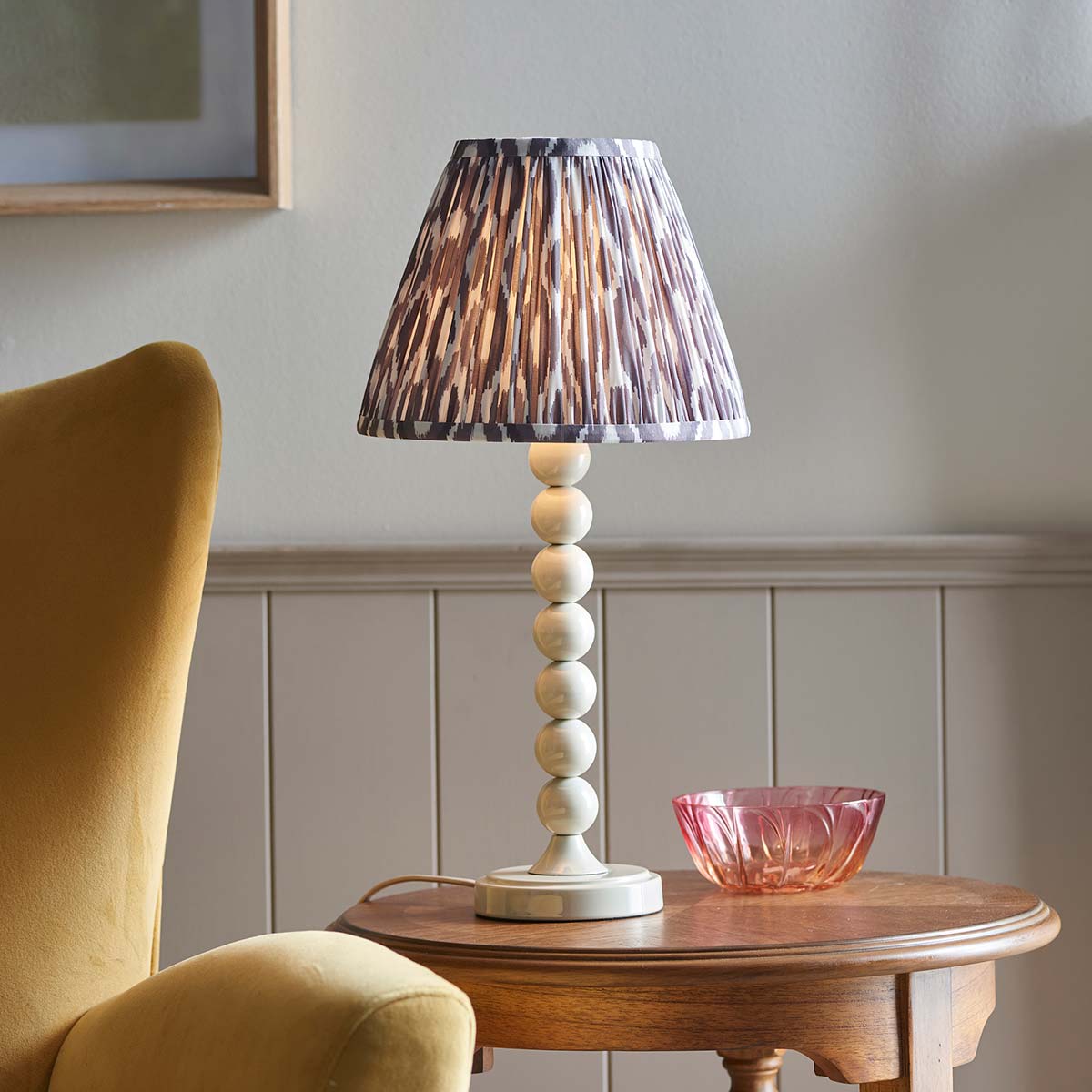 Higgledy Table Lamp in Almond White with Grey Ikat Shade